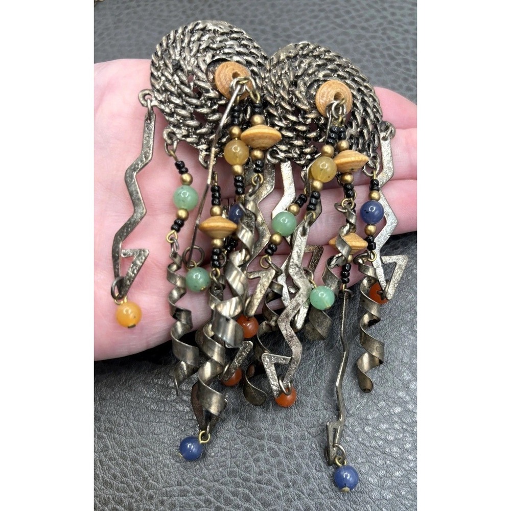 VTG 80s HUGE Runway Tribal Boho Long Fringe Earrings Bead Dangle Silver Tone